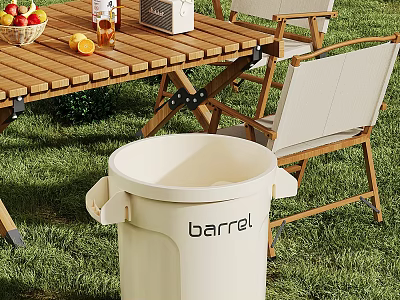 Outdoor White Plastic Barrel Trash Can Near Wooden Table With Foldable Chairs On Grass 3d model
