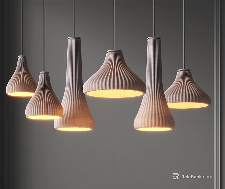Unique Design Pendant Lights With Striped Texture Hanging From Ceiling Warm Lighting Gray Wall 3d model