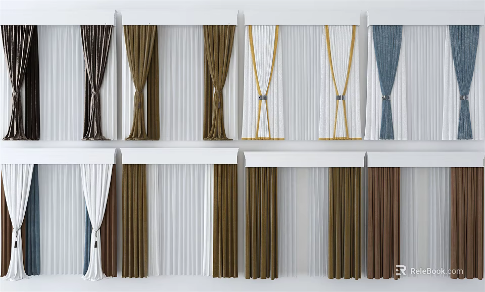 Brown White Blue Curtains With Pleated And Tied Styles For Home Decor 3d model 