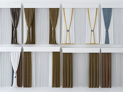 Brown White Blue Curtains With Pleated And Tied Styles For Home Decor 3d model