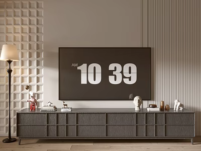 Modern TV Stand With Flat Screen TV Floor Lamp Decorative Items And Geometric Stripe Wall 3d model