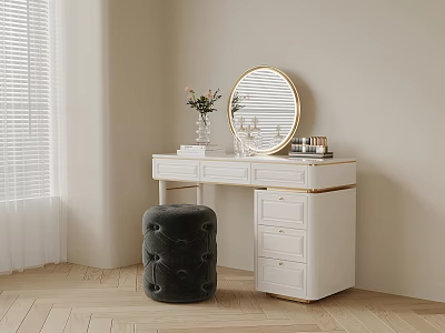 White Dressing Table With Gold Accents Golden Round Mirror Green Plant And Black Tufted Stool 3d model