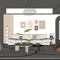 Minimalist Living and Dining Area With Beige Sofa Coffee Table Pendant Light And Decorative Paintings