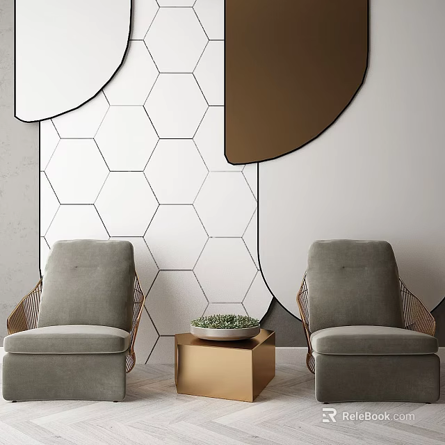 White Hexagonal Design Storage Cabinets With Circular Dark And Light Wall Decorations 3d model