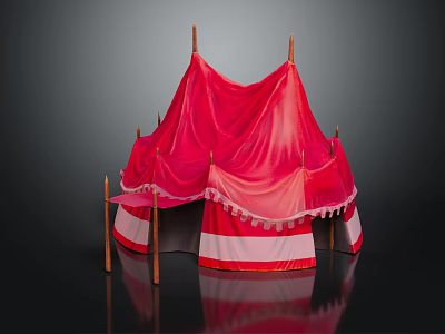 Tent Style Decorative Furniture With Red Fabric Wooden Poles And Red White Striped Base 3d model