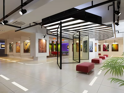 Modern Art Exhibition Hall With Red Seats Paintings And Bright Lighting 3d model