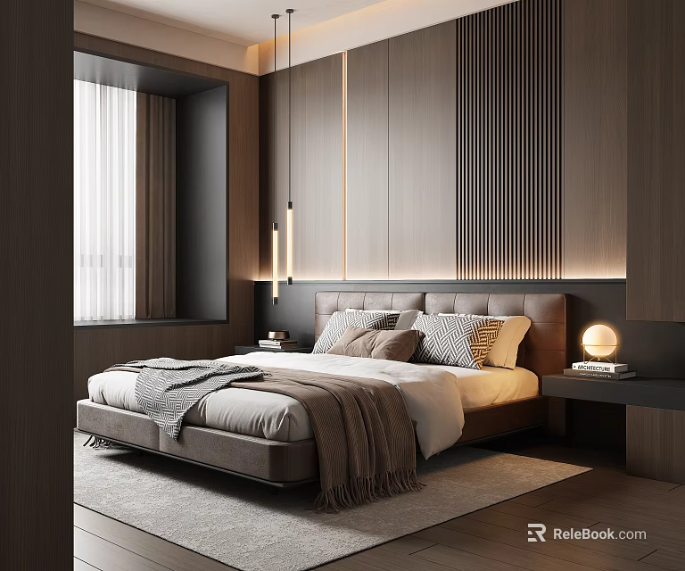 Contemporary Bedroom Interior Design With Upholstered Headboard Bed Wooden Paneled Wall Pendant Lights And Rug 3d model 