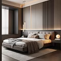 Contemporary Bedroom Interior Design With Upholstered Headboard Bed Wooden Paneled Wall Pendant Lights And Rug