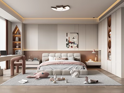 Modern Kids Room Interior Design With Soft Tones Bed Decorative Painting Bookshelf And Toys 3d model