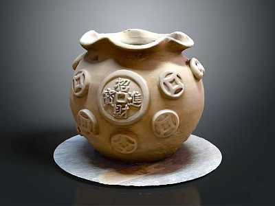 Home Decor Rustic Clay Pot With Circular Embellishments And Base Plate 3d model