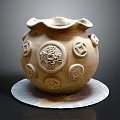 Home Decor Rustic Clay Pot With Circular Embellishments And Base Plate 3d model
