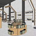 Book Store Interior With Circular Bookshelves And Wall Signs Filled With Books And Wooden Decor 3d model