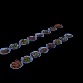 Various Types of Food on Multiple Patterned Plates with White Trays Including Meat and Vegetables