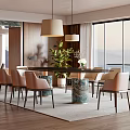 Modern Dining Room With Wooden Floor Large Windows Mountain View Pendant Lights And Potted Plant