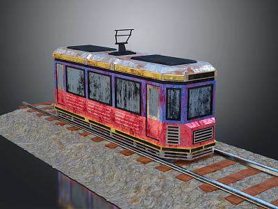 Vintage Tram With Red Yellow Purple Decor Black Roof Old Windows On Rail Tracks Gravel Path 3d model