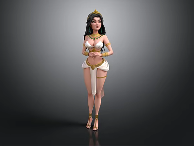 Egyptian Woman Wearing White And Gold Traditional Costume With Golden Headdress And Ornaments 3d model