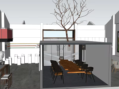 Modern Public Office Space With Long Wooden Table Black Chairs And Indoor Tree 3d model
