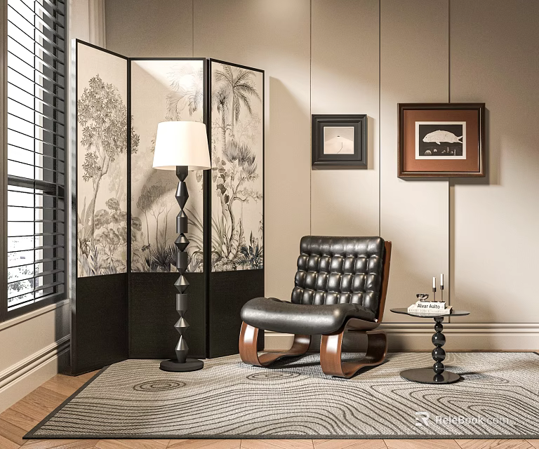 Black Leather Accent Chair With Wooden Armrests Side Table Floor Lamp Plant Print Room Divider 3d model 