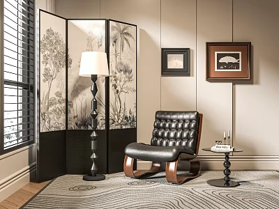 Black Leather Accent Chair With Wooden Armrests Side Table Floor Lamp Plant Print Room Divider 3d model