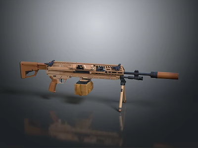 Tan Assault Rifle With Drum Magazine Folding Stock Tripod Stand And Tactical Barrel 3d model