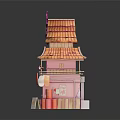 Cartoon Scene Japanese Style Wooden Building With Tiled Roof Gear Decorations Awning Red Barrels Cards