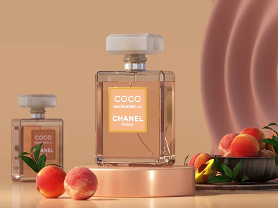 Chanel Coco Mademoiselle Perfume Bottles Display With Peaches And Bowl 3d model