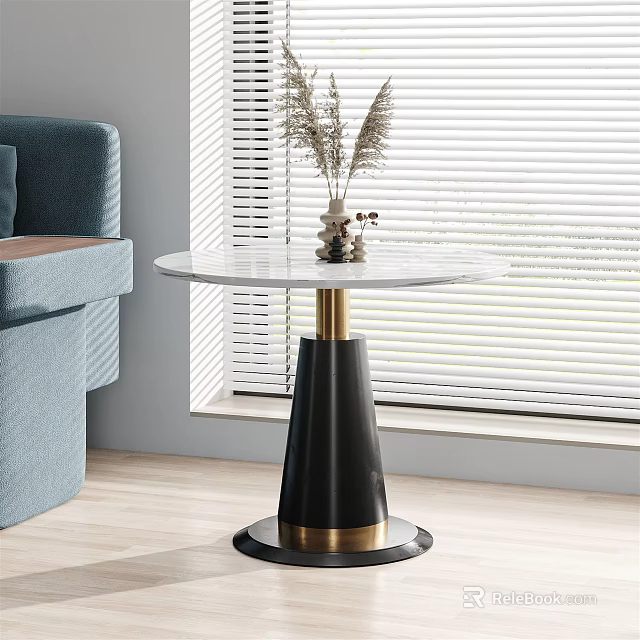 Modern Round Table with Marble Top Black Gold Base in Living Room with Sofa Blinds 3d model 
