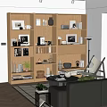 Wooden Bookcase With Books Photo Frames And Decorative Items In Modern Living Room Interior