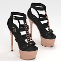 Black and Pink High Heels Shoes with Straps and Metal Buckles Thick Platform Design