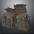 Ancient Chinese Architecture On Cliff Rock With Wooden Structure And Black Tiled Roof