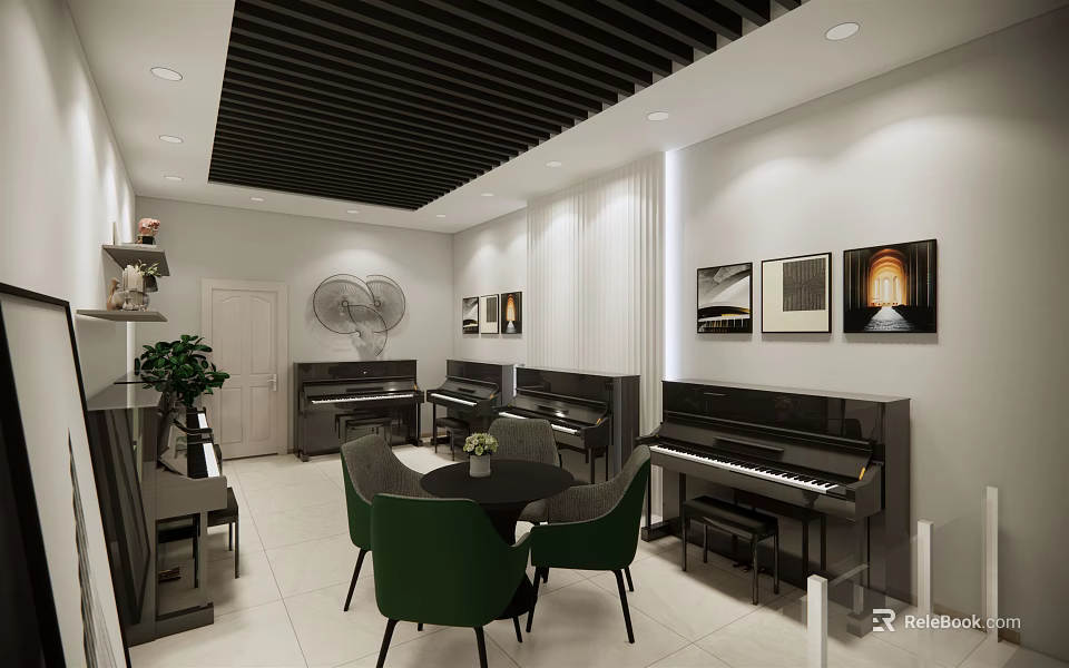 Elegant Modern Piano Store Interior With Black Pianos Green Chairs Round Table And Decorative Paintings 3d model 