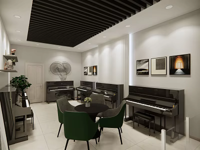 Elegant Modern Piano Store Interior With Black Pianos Green Chairs Round Table And Decorative Paintings 3d model