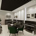 Elegant Modern Piano Store Interior With Black Pianos Green Chairs Round Table And Decorative Paintings