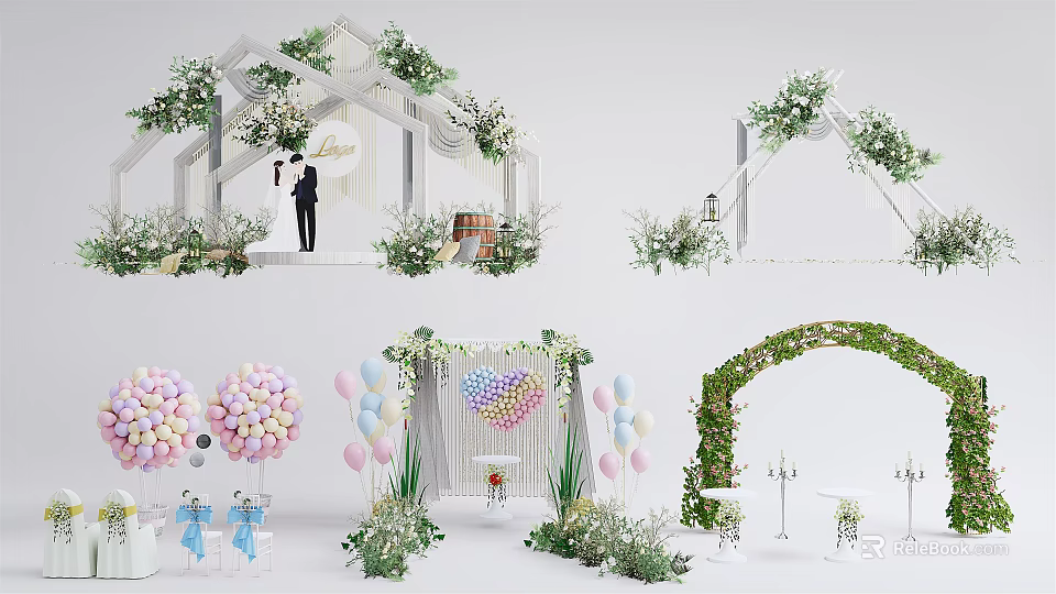 Wedding Decor Setup With White Floral Arch Balloons And Couple Silhouette 3d model 
