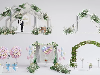 Wedding Decor Setup With White Floral Arch Balloons And Couple Silhouette 3d model