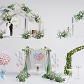 Wedding Decor Setup With White Floral Arch Balloons And Couple Silhouette