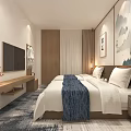 Hotel Guest Room with Twin Beds Chinese Landscape Painting Calligraphy Wooden Cabinets Glass Bathroom Serene Interior