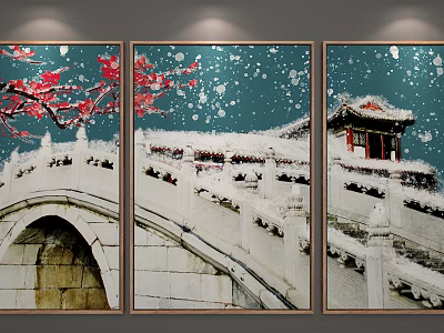 Chinese Style Decorative Paintings With Snow Scene Ancient Architecture Stone Bridge And Red Plum Blossoms 3d model