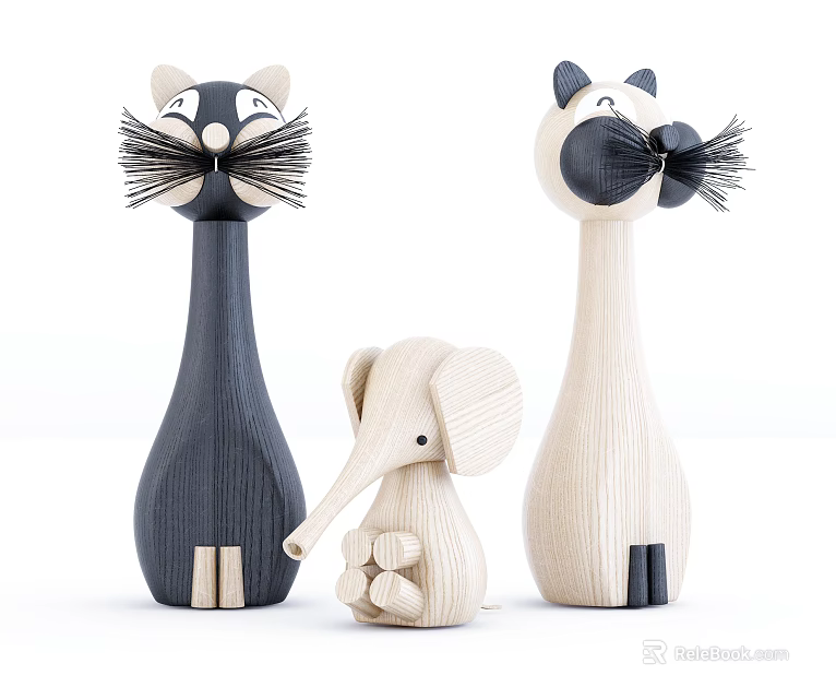 Wooden Decorative Ornament Set with Cat Elephant Figurines Dark Light Minimalist Cute Home Decor 3d model 