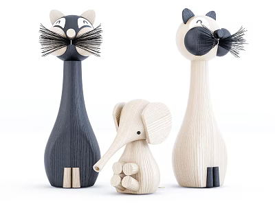 Wooden Decorative Ornament Set with Cat Elephant Figurines Dark Light Minimalist Cute Home Decor 3d model