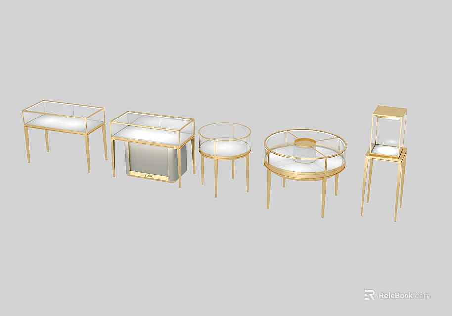 Modern Gold Frame Display Tables With Various Shapes Glass And White Tops 3d model