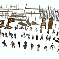 Game and Movie Worker Characters at Construction Site with Scaffolding and Tools