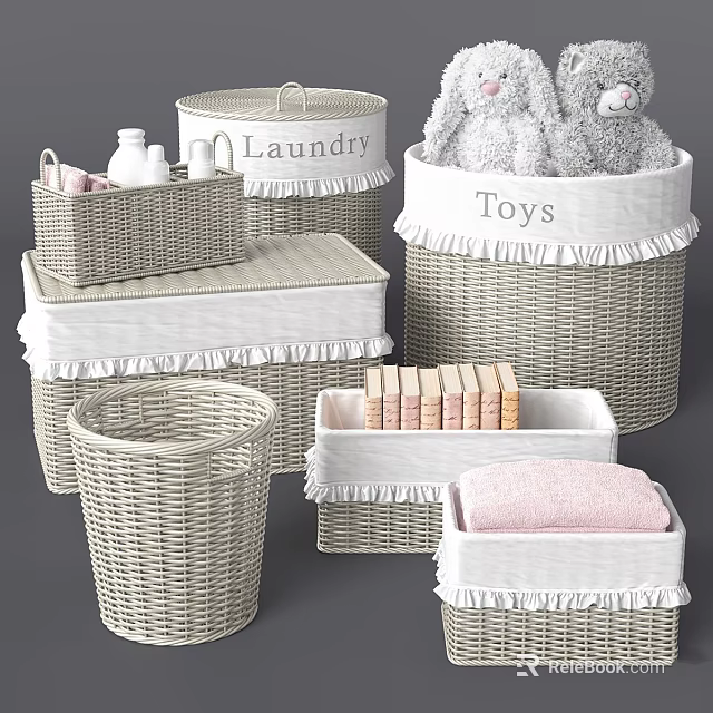 Wicker Storage Baskets Set with Fringed Edges for Organizing Laundry Toys and Home Decor 3d model 
