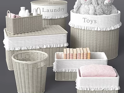 Wicker Storage Baskets Set with Fringed Edges for Organizing Laundry Toys and Home Decor 3d model