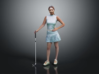 A Woman in Light Green Sleeveless Top and Pleated Skirt Holding Golf Club Standing 3d model