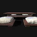 Wooden Dining Table With Four Cushions Featuring Blue And White Floral Patterns