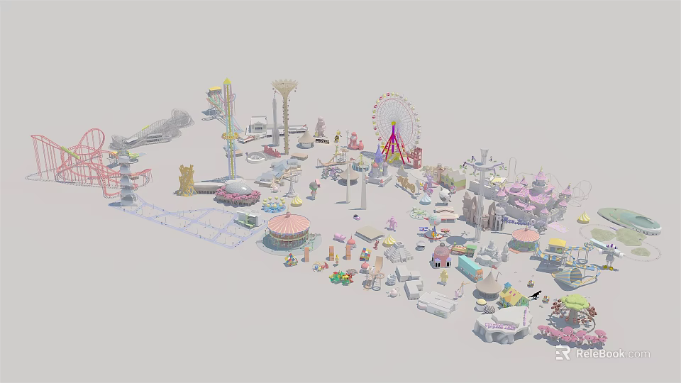 Colorful Amusement Rides With Ferris Wheel Carousel Roller Coaster And Teacups 3d model 