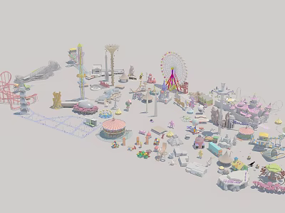 Colorful Amusement Rides With Ferris Wheel Carousel Roller Coaster And Teacups 3d model