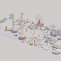 Colorful Amusement Rides With Ferris Wheel Carousel Roller Coaster And Teacups