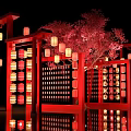 Red Tree Decorated With Red Lanterns And Red Screens On Reflective Floor